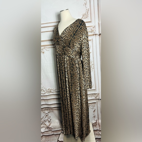 Leopard Print Long Sleeve V-Neck Maxi Dress - Tan/Black - Picture 4 of 5